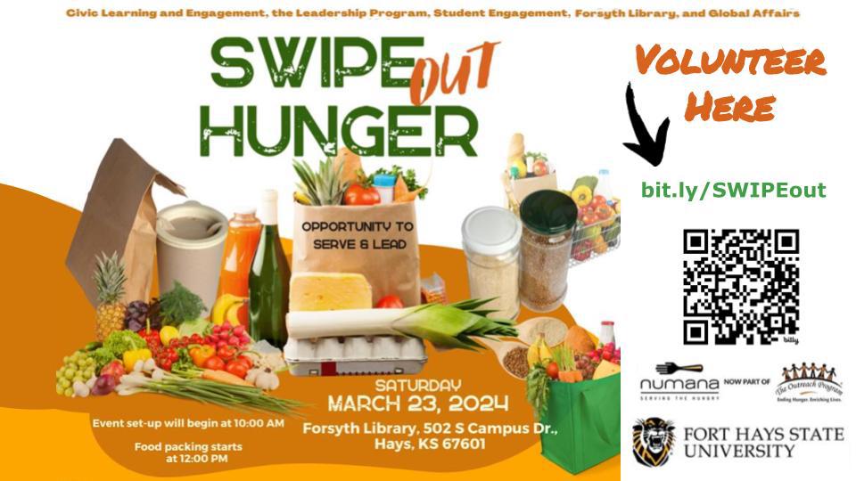 SWIPE Out Hunger March 23, 2024 10am-3pm at FHSU Forsyth Library