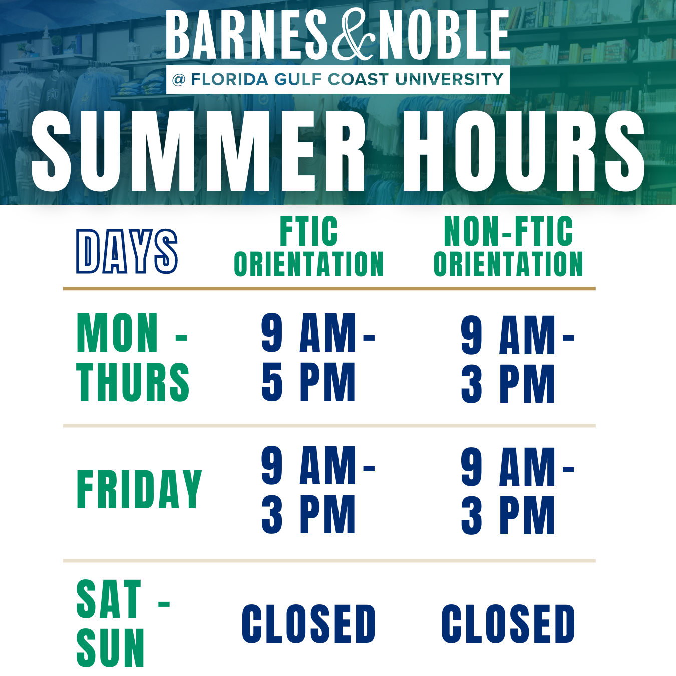 FGCU Bookstore Hours