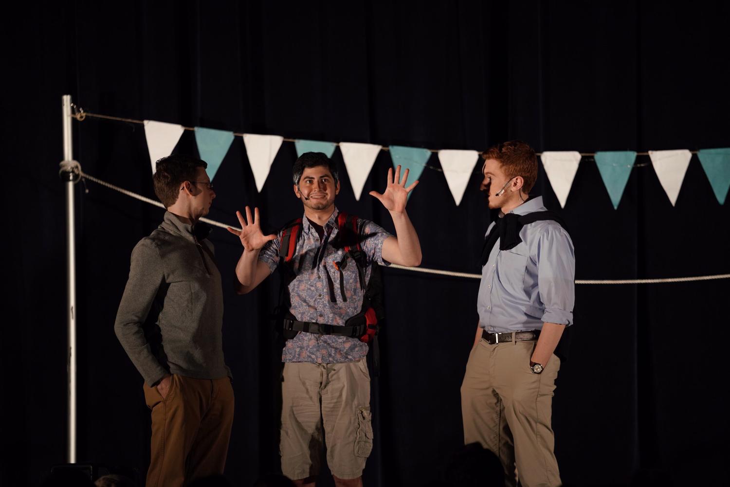 Billy Nicol (Left), Austin Cappetta (Center), and Nick Bennett (Right) in "Mamma Mia!" Directed by Emily Kilian
Photo by Maggie Chafouleas / The Daily Campus.
