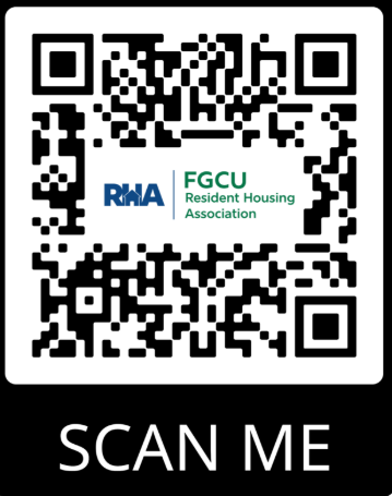 A black and white QR code centered on a white background with the text ‘RHA | FGCU Resident Housing Association’ inside it. Below the QR code, there is a call-to-action that says ‘SCAN ME’ in bold letters, with a stylized icon of a mobile phone scanning the QR code to its left.