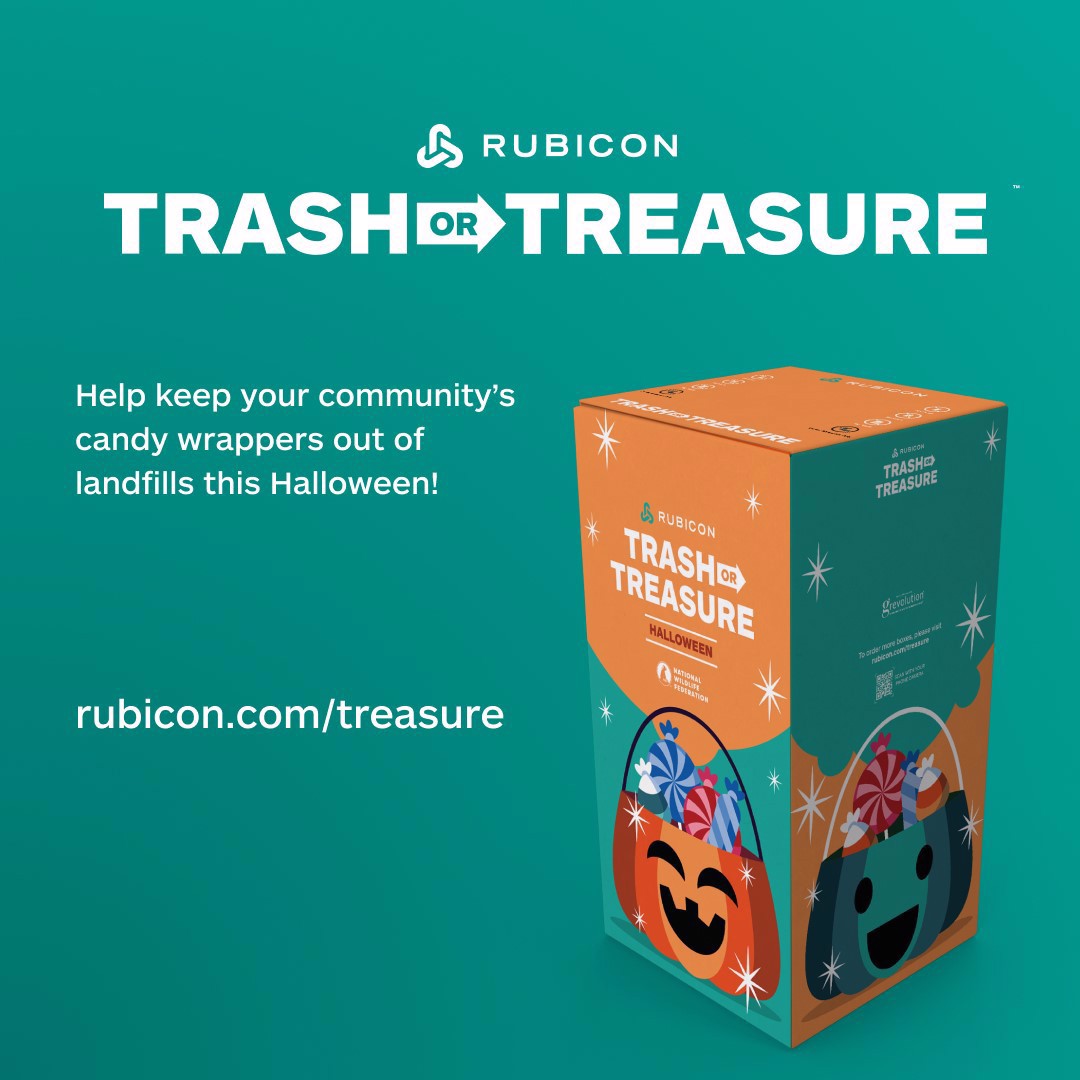 Promotional flyer showing Halloween decorative box with the text Rubicon Trash or Treasure | Help keep your community's candy wrappers out of Landfills this Halloween! | rubicon.com/treasure