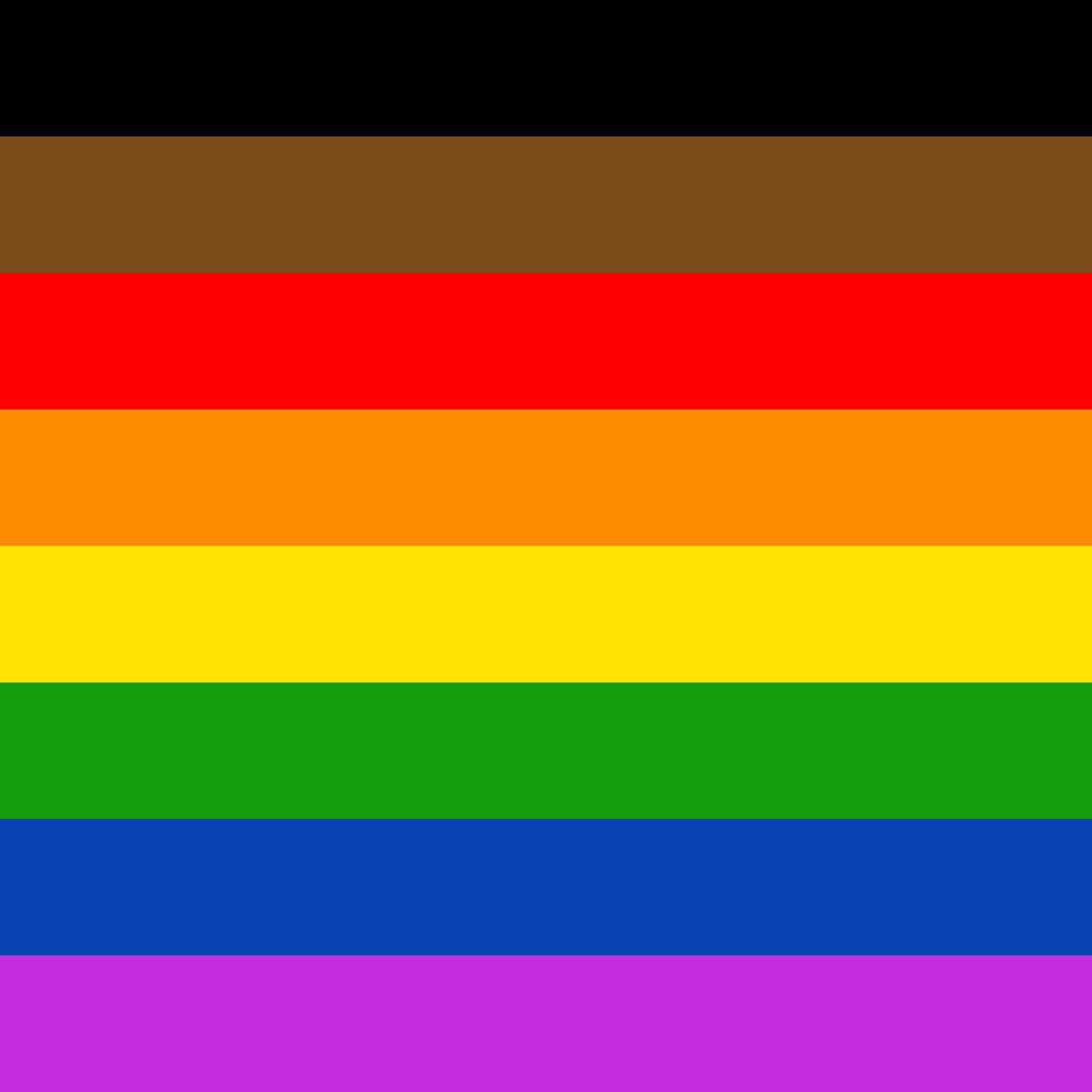 LGBTQIA+ pride flag including horizontal stripes of different colors, from top to bottom: black, brown, red, orange, yellow, green, blue, purple