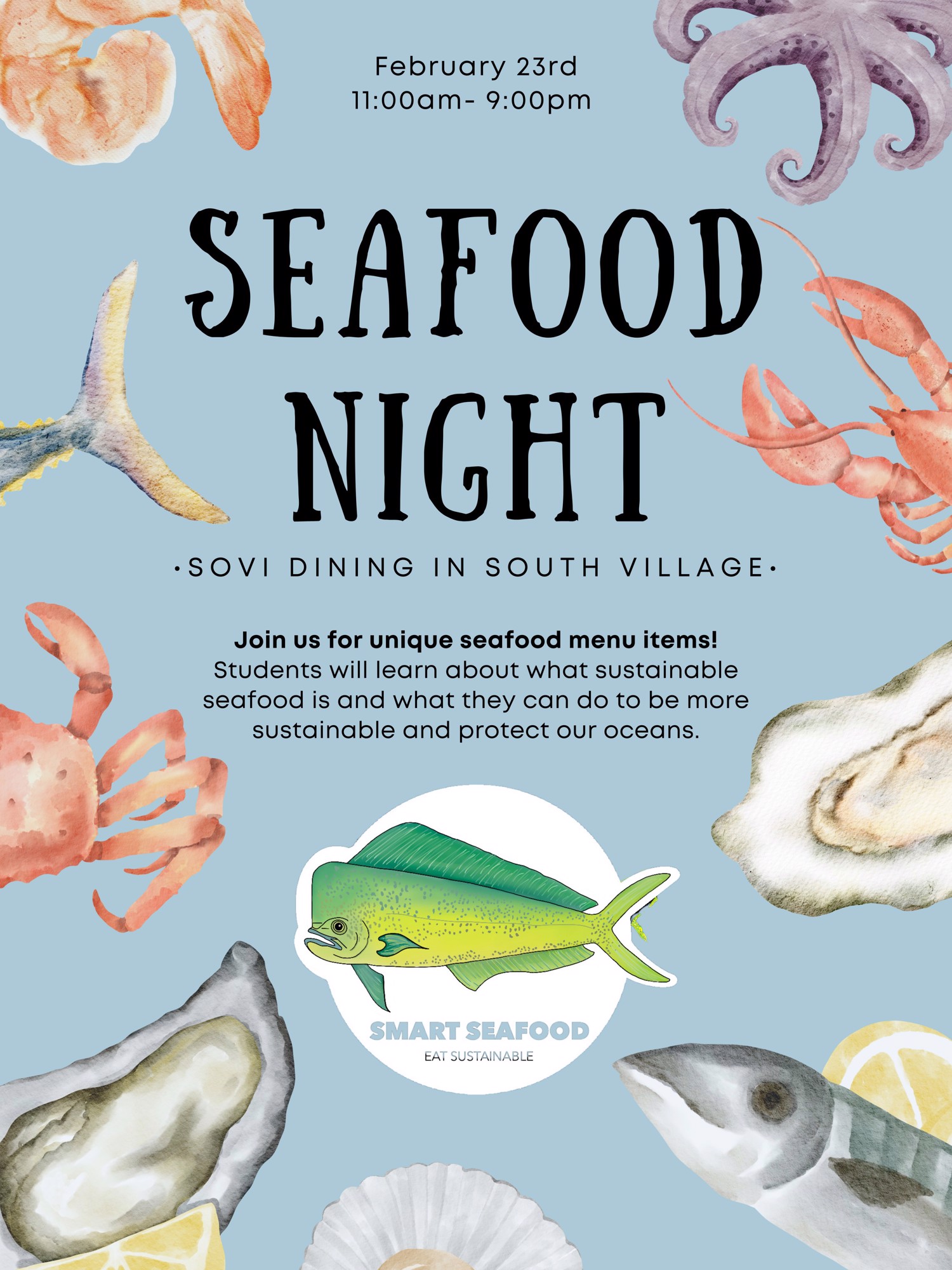 Poster with illustrations of various types of seafood and event information